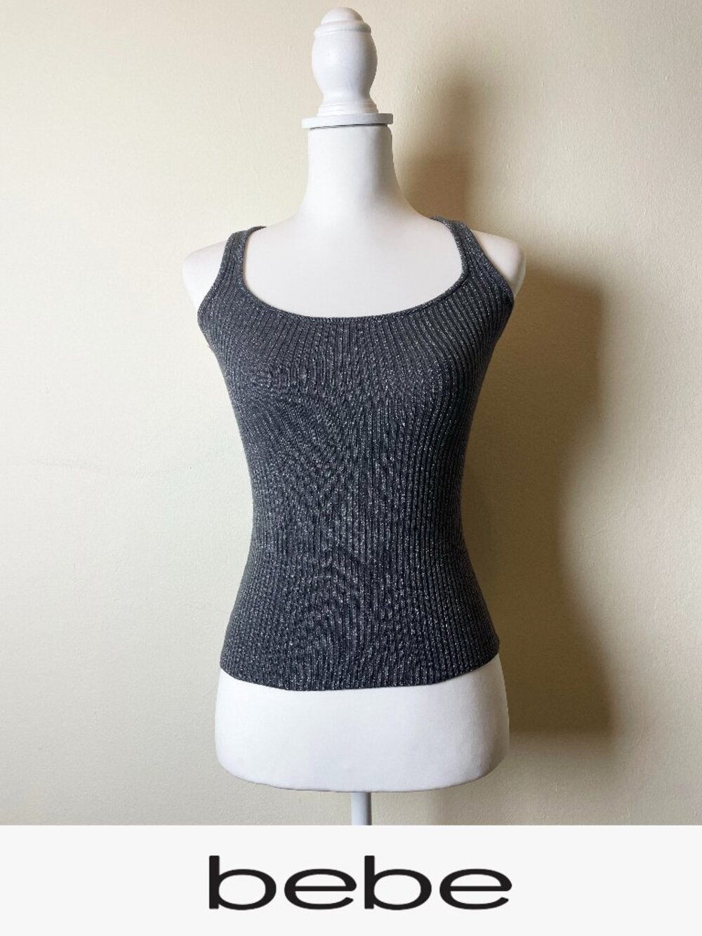 Bebe Vintage Metallic Ribbed Tank Top Gray Gunmetal Size XS EUC